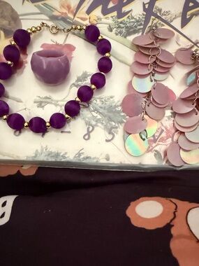 Purple Beaded Bracelet with Gold Accents, size 6 ring, and long purple earrings